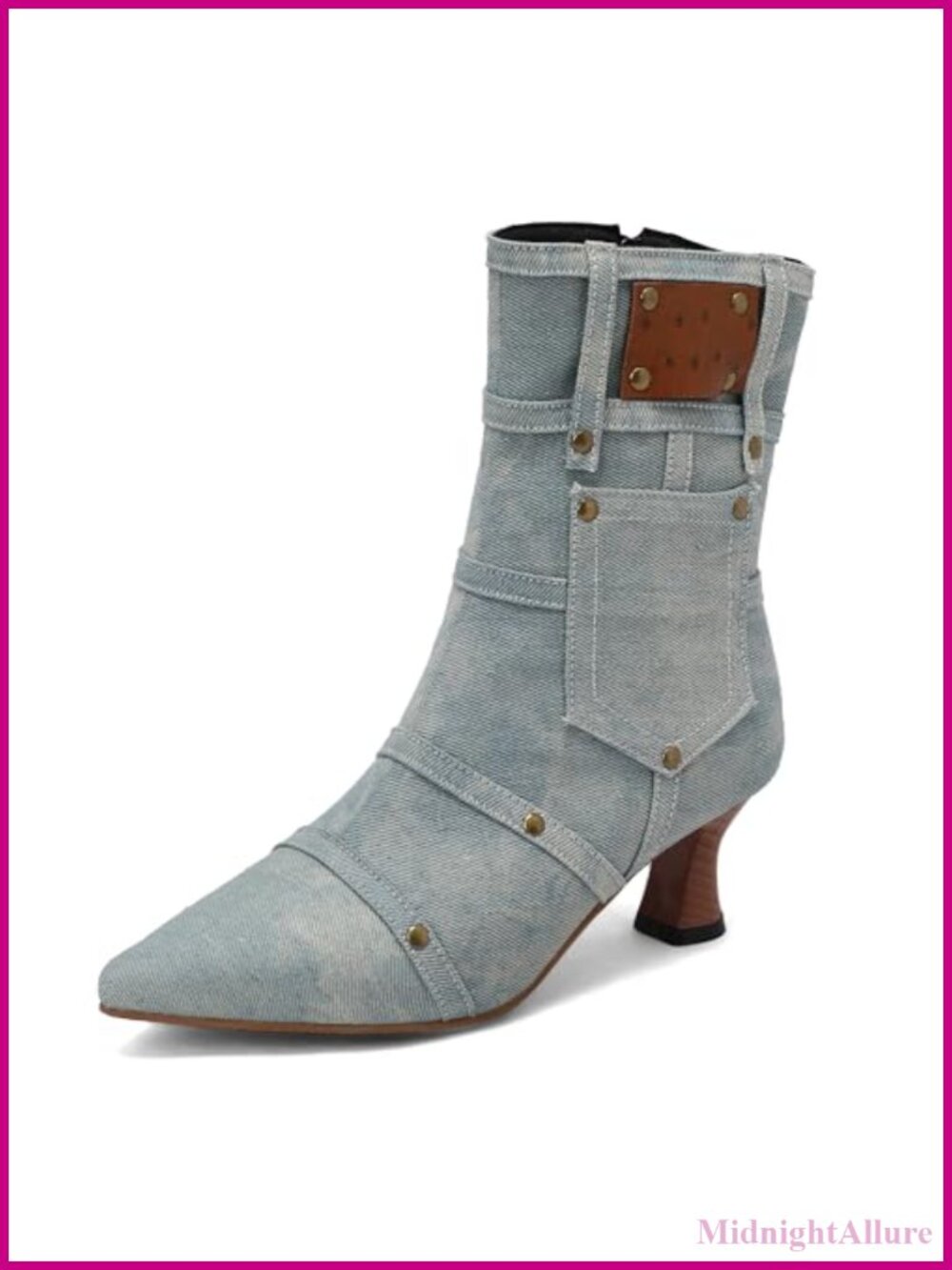 Distressed Denim Pointed Toe Low Heel Ankle Boots Studded Kitten Heel